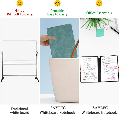 SAYEEC Whiteboard Notebook Portable Dry Erase Board with 3 Colors Fineliner Pens Blue PU Cover Erasable Handheld White Board Reusable Drawing Note...