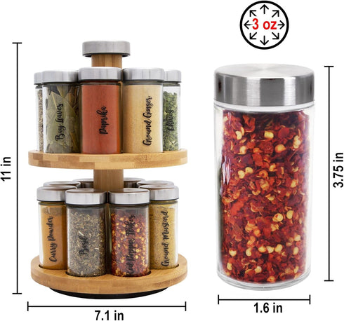Orii 16 Jar Spice Rack with Spices Included - Rotating Countertop 2 Tier Tower Organizer for Kitchen Spices and Seasonings, (Bamboo Wood)...