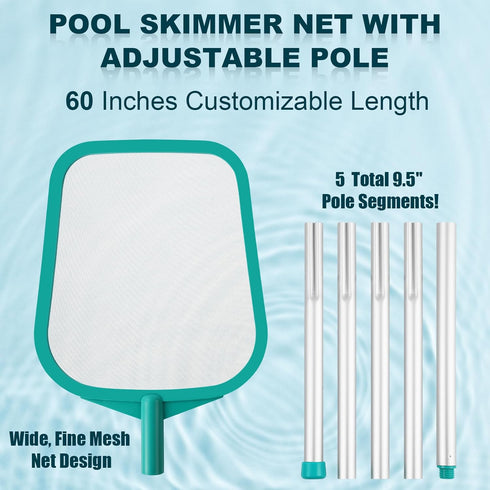 Pool Skimmer - Pool Net with 5 Section Pole, 60 inch Pool Skimmer Net with Pole Total Length, Pool Nets for Cleaning, Fine Mesh Net Pool Skimmer N...