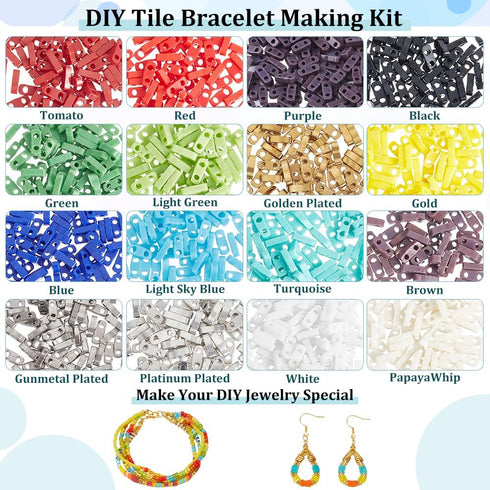 NBEADS about 1280 Pcs 16 Colors Tila Beads, 2-Hole Rectangle Glass Seed Beads with Elastic Thread, Big Eye Beading Needles for Bracelet Necklace E...