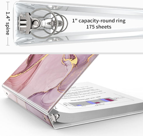 Pink Marble 3 Ring Binders 1 Inch Binder Organizer, Three Ring Binder with 2 Storage Pockets for Office Supplies...