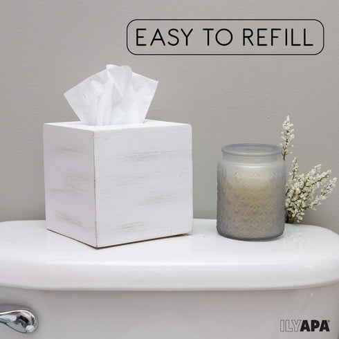 Ilyapa Wood Tissue Box Cover Square - Rustic Farmhouse White Wooden Tissue Holder...