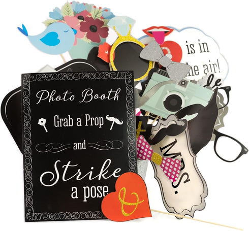 Wedding Photo Booth Props with 8 x 10-Inch Sign, 45 Adhesive Pads, 35 Wooden Sticks - Signs for Wedding Backdrop and Selfie Station...