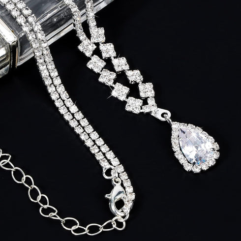 CIEHER Silver 2/3 Pieces Women Jewelry Set - Drop Necklace + Crystal Teardrop Dangle Earring Clips, Crystal Clip On Earrings Silver Non Pierced fo...