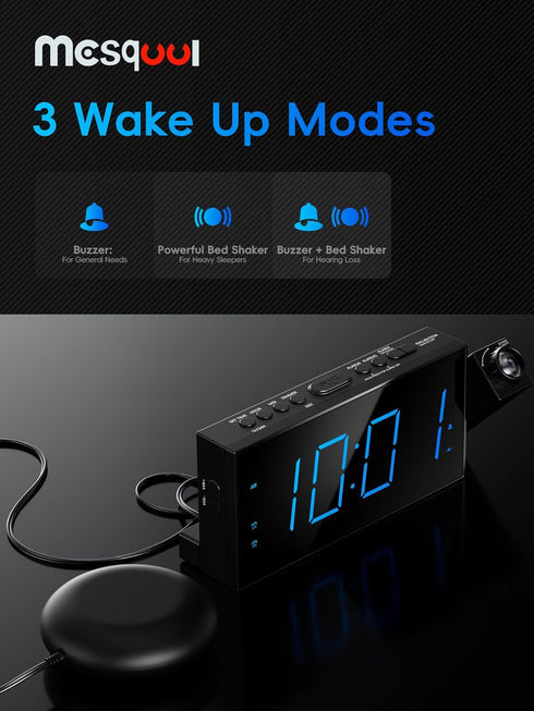 Mesqool Projection Alarm Clock, Loud Vibrating Alarm Clock for Heavy Sleepers, Adjustable Projection Brightness,Hearing Impaired & Deaf People, Di...