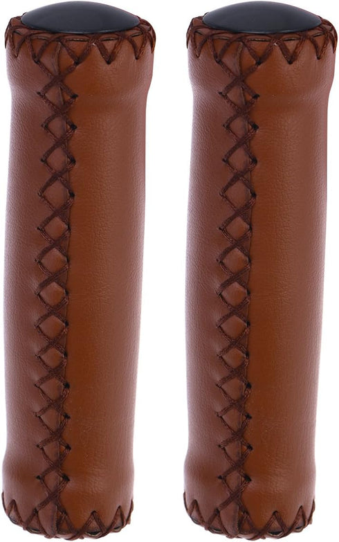 1Pair PU Leather and Soft Rubber Bicycle Mountain Bike Handlebar Grips (Light Brown)...