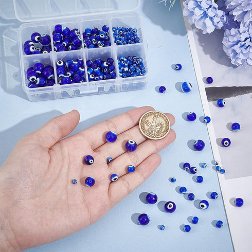 PH PandaHall 390 Pcs 4 Size Blue Evil Eye Glass Beads Round Evil Eye Beads 4/6/8/10mm Evil Eye Lampwork Glass Beads Handmade Lampwork Evil Eye Cha...