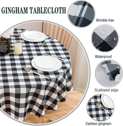 MANGATA CASA Black Gingham Round Tablecloth-Checkered Table Cloth Waterproof Kitchen & Table Linens-Polyester Buffalo Plaid Wrinkle Free Table Cov...