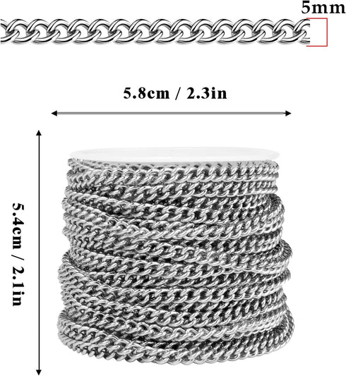 33FT Stainless Steel Curb Chain Roll, 5mm 304 Stainless Steel Flat Twisted Links Curb Chains Bulk Spool for Jewelry Making Necklace DIY Craft...