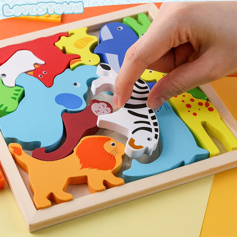 LovesTown 12PCS Wooden Stacking Puzzles, Animal Chunky Jigsaw Puzzles Educational Toys for Kids Gift...