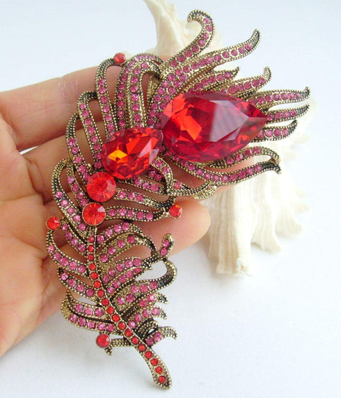 Zeepoffine 4.33" Rhinestone Crystal Peacock Feather Brooch Pin Pendant BZ5038 (Gold-Tone Red)...