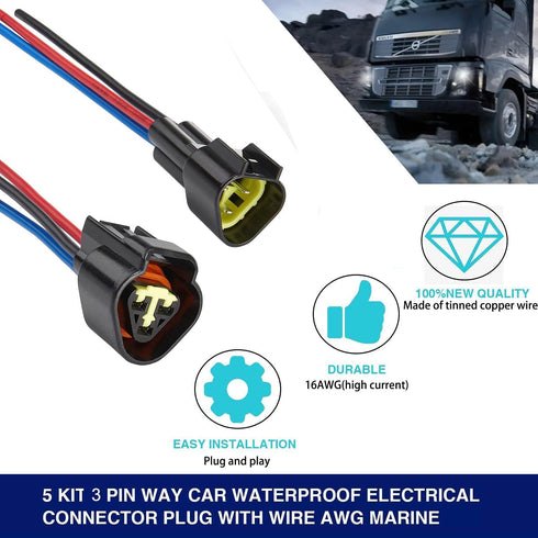 3 Pin Waterproof Connectors,16AWG Waterproof Electrical Car Auto Wire Connector,Male Female Quick Disconnect Wire Connectors for Car Truck Motorcy...