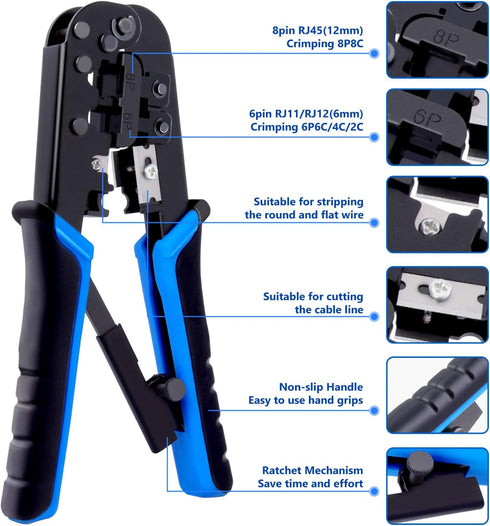 Delgada RJ45 Ethernet Crimping Tool kit,4in1 Professional Cutter Stripper Network Crimper for RJ-11,6P/RJ-12,8P/RJ-45 Crimp,with 20pcs Cat5 Cat5e ...