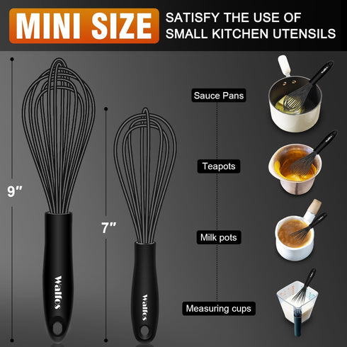 Walfos Silicone Whisk, 7+9in Small Silicone Whisk,BPA FREE,Mini Whisks for Non-Scratch Cookware, Perfect for Whisking, Beating, Blending, Frothing...