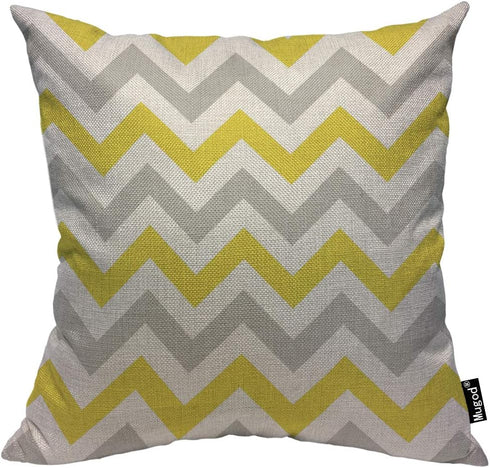 Mugod Chevron Throw Pillow Zigzag Wavy Geometric Stripe Line Yellow White and Gray Cotton Linen Square Cushion Cover Standard Pillowcase 18x18 Inc...