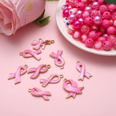 820PCS+ Breast Cancer Awareness Beads Charms for Jewelry Making, Enamel Pink Ribbon Charms Assorted Pink Loose Beads Letter Beads for Bracelet Nec...