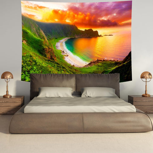Delur Beach Sunset Tapestry Forest Nature Landscape Tapestry Wall Hanging Scenic Tree Mountain Tapestry Psychedelic Coastal Sunrise Headboard Tape...