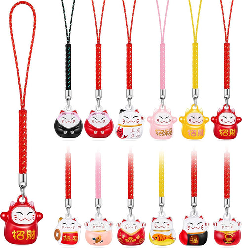 12 Pcs Lucky Cat Keychain Phone Charms Strap Fengshui Fortune Japanese Beckoning Cat Maneki Neko Pendant Good Health Mascot Avoid Evil Pendants...