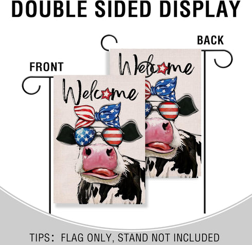 Welcome 4th of July Patriotic Cow Small Decorative Garden Flag, Stars Stripes America USA Memorial Day Farmhouse Yard Outside Decor, American Summ...