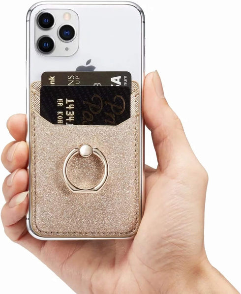 Card Holder Sleeve with Kickstand Ring for Women, 2 Pieces RFID Credit Wallet Glitter Stick On Back Grip for iPhone Samsung Smartphone - Pink + Go...
