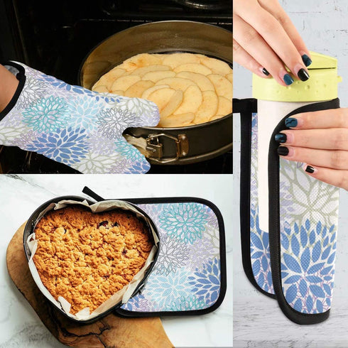 Dahlia Flower Oven Mitts and Pot Holders Sets Heat Resistant Non Slip Daisy Sunflower Oven Gloves Hot Pads Insulated Washable for Cooking Baking B...