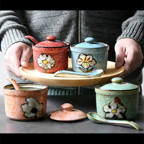 VanEnjoy Traditional China Retro Hand Painted Flower Ceramic Round Sugar Spice Containers Porcelain Jar with Spoon Round Condiment...