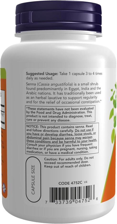 NOW Supplements, Senna Leaves (Cassia angustifolia) 470 mg, Supports Regularity*, Herbal Laxative*, 100 Veg Capsules...