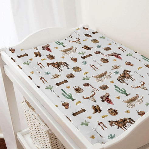 Western Cowboy Changing Pad Covers Cowboy Hats Boots Coins Cactus Goat Skull Horse Diaper Changing Pad Table Sheets for Boys Soft Breathable Stret...