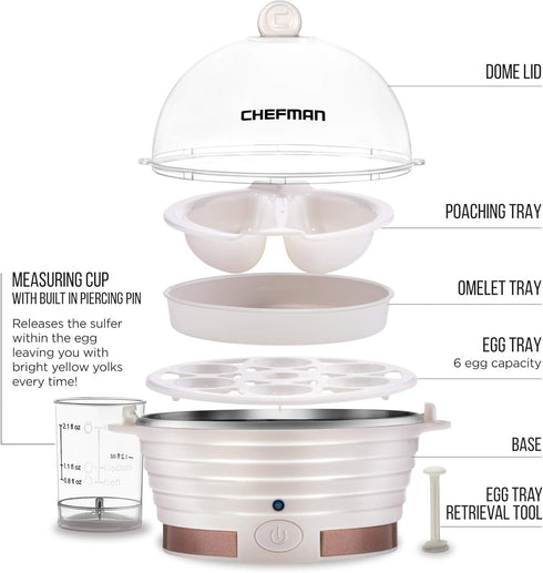 Chefman Electric Egg Cooker Boiler, Rapid Poacher, Food & Vegetable Steamer, Quickly Makes Up To 6, Hard, Medium or Soft Boiled, Poaching/Omelet T...