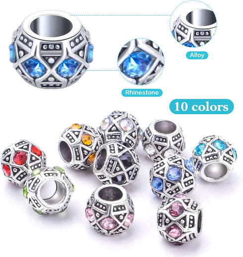 Rhinestone European Beads, 30pcs 10 Colors Large Hole Crystal Spacer Beads Loose Rondelle Charm Beads Crafts Supplies for DIY Snake Chain Bracelet...