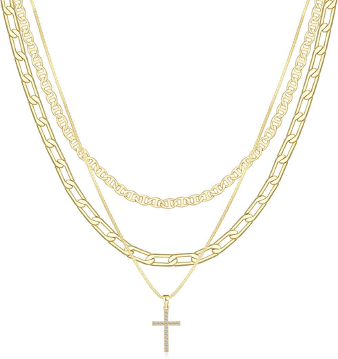 Cross Necklace for Women,Stackable Stacked Stacking Layering Layered Necklaces Dainty Gold Necklace Paperclip Box Flat Mariner Chain Necklace Cros...