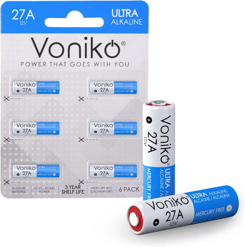 Voniko 27A 12V Alkaline Battery Pack of 6 - Long Lasting 12 Volt A27 Battery for Remote and Doorbells...