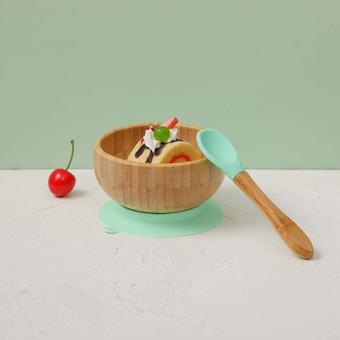 Baby Bowls and Spoons, Baby Bamboo Bowl and Spoon | Silicone Suction | Bamboo Baby Bowls for Baby | Baby Bowls First Stage | Baby Wood Bowls (Cyan...
