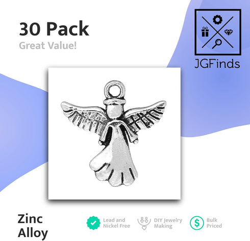 JGFinds Angel Charm Pendants - 30 Pack of Silver Religious Charms, DIY Jewelry Making Supplies, Small 3/4 Inch Metal with Outstretched Wings for B...