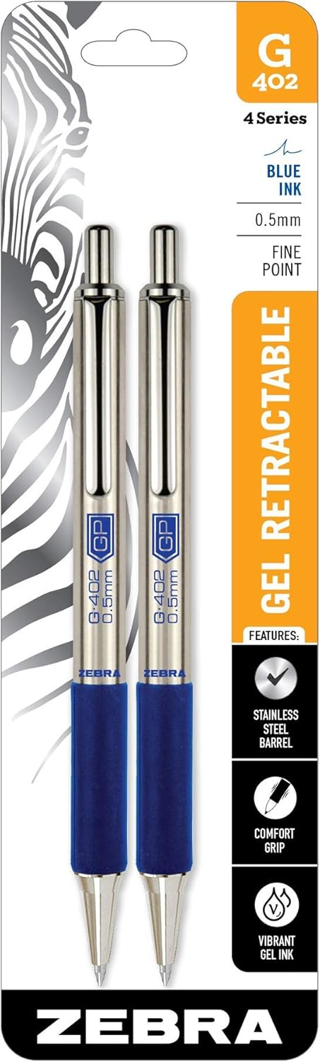 Zebra Pen G-402 Retractable Gel Pen, Stainless Steel Barrel, Fine Point, 0.5mm, Blue Ink, 2-Pack...