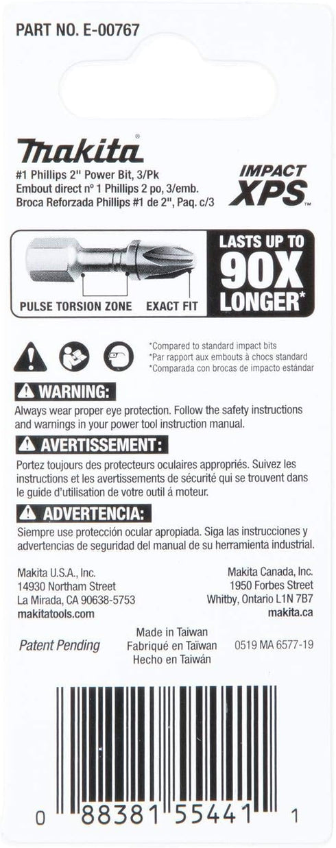 Makita E-00767 Impact XPS™ #1 Phillips 2" Power Bit, 3/pk...
