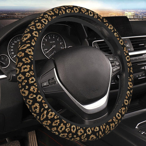 Leopard Cheetah Print Animal Gold Black Steering Wheel Cover for Women Men Girls Car Accessories Decor Anti-Slip Neoprene Auto Steering Wheel Cove...
