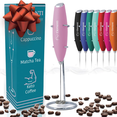 Elementi Electric Pink Milk Frother Handheld - Mini Whisk for Coffee, Matcha and Drinks - Portable Frother & Mixer with Stand - Pastel Pink...