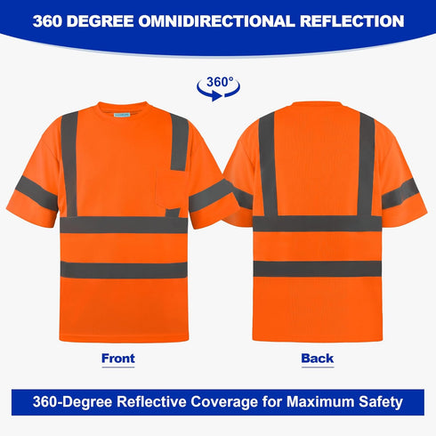 Hi Vis Safety Shirts for Men, Reflective Work Shirts with Sewing Process Reflective Tapes, Class 3 High Visibility Shirts for Men with Pocket, Ora...
