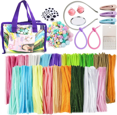 HPWF Pipe Cleaners Craft Supplies, Arts & Crafts Supplies Kits Include Pipe Cleaners, Pom Poms, Storage Bag, Eyes, Make Headband, Necklaces, Hairc...