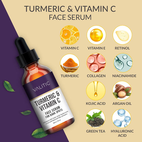 VALITIC Vitamin C Face Serum for Anti Aging - Hyaluronic Acid, Collagen, Kojic Acid, Turmeric Oil Dark Spot Remover Brightening Serum Eyes and Fac...