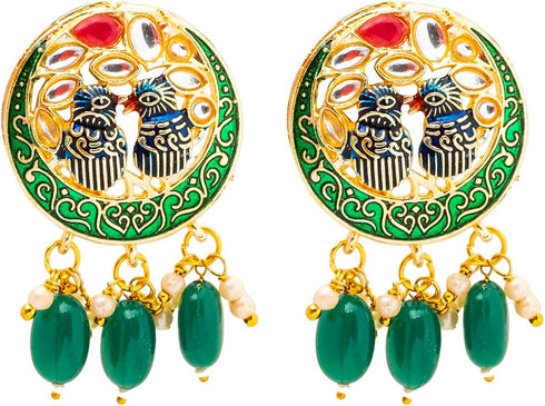 Traditional Indian Gold Plated Green Meenakari, CZ & Multilayer Pearls Adjustable Dori Long Pendant Necklace with Matching Earrings Jewellery/Jewe...