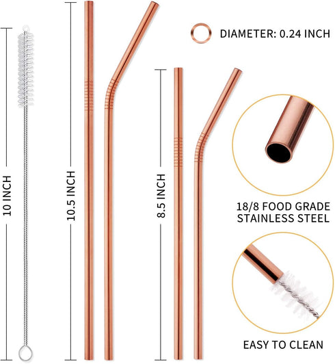 Hiware 12-Pack Rose Gold Metal Straws Reusable with Case - Stainless Steel Drinking Straws for 30oz and 20oz Tumblers Dishwasher Safe, 2 Brushes I...