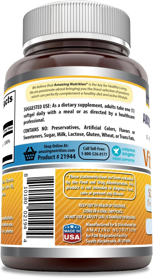 Amazing Formulas Vitamin D3 Cholecalciferol Supplement | 5000 IU Per Serving | Softgels | Non-GMO | Gluten-Free | Made in USA (180 Count)...