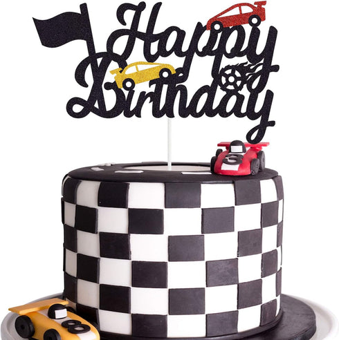 Marwey Race Car Birthday Cake Topper Happy Birthday Cake Decor Chequered Flag Themed Party Supplies Decorations(Doubled-Sided)...