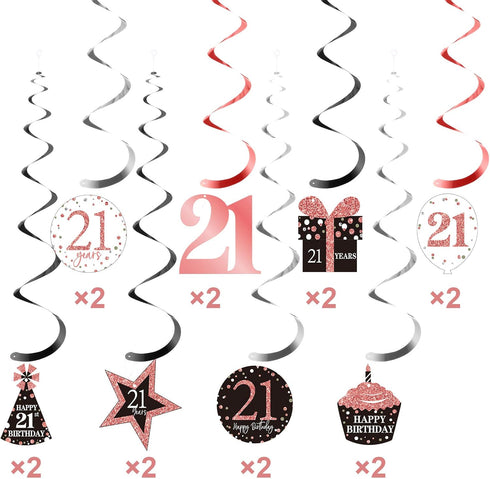 Blulu 21st Birthday Party Decorations, 21st Birthday Banners Rose Gold Hanging Swirls Ceiling Decorations Shiny Foil Swirls for Party Supplies 30 ...
