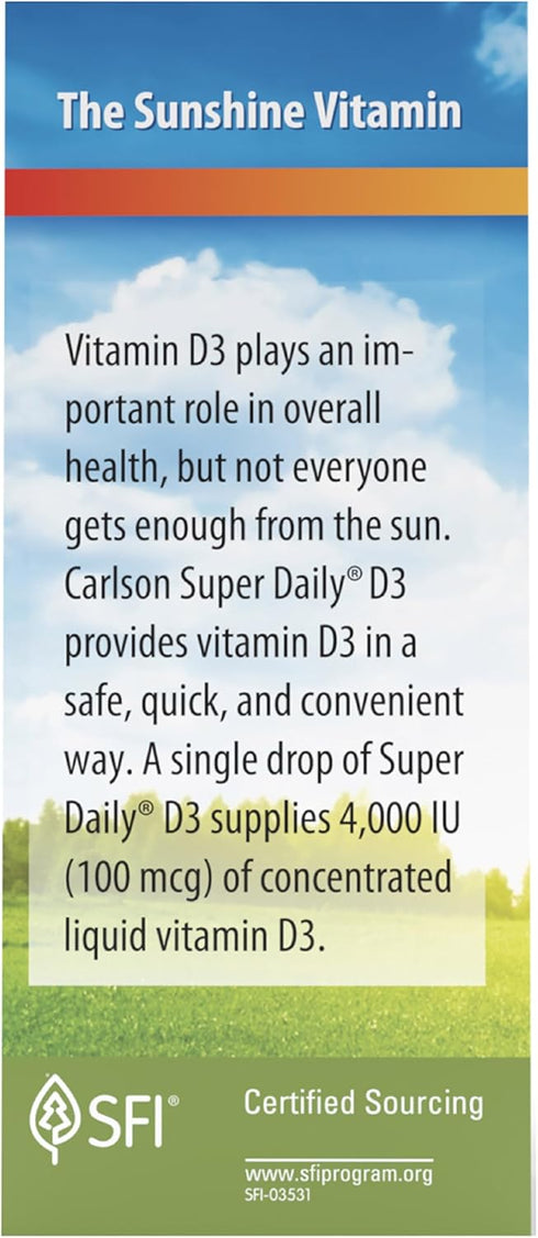 Carlson - Super Daily D3 4,000 IU (100 mcg) per Drop, Vitamin D Drop, Liquid Vitamin D3, 1-Year Supply, Unflavored, 365 Drops (10.3 mL)...
