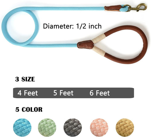 Mile High Life Dog Leash | Strong Rope Dog Leash w Premium Leather Tailor Handle | 5 Feet Dog Leash w Heavy Duty Clasp | Blue Rope Leash for Small...