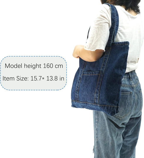Denim Tote Bag Casual Style Lightweight Classic Retro Travel Shopper Shoulder Handbag...