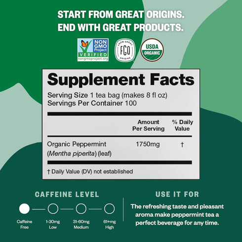 FGO Organic Peppermint Tea, 100 Count, Eco-Conscious Tea Bags, Caffeine Free, Packaging May Vary (Pack of 1)...